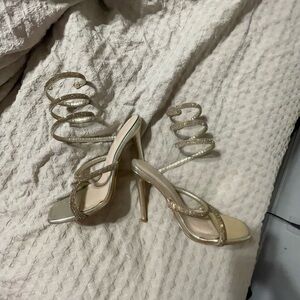 Gold Strappy Spiral Lace-Up High Heel Sandals